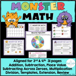 Monster Theme Math Activities 3rd 4th Grade Math Review Task Cards Game Centers