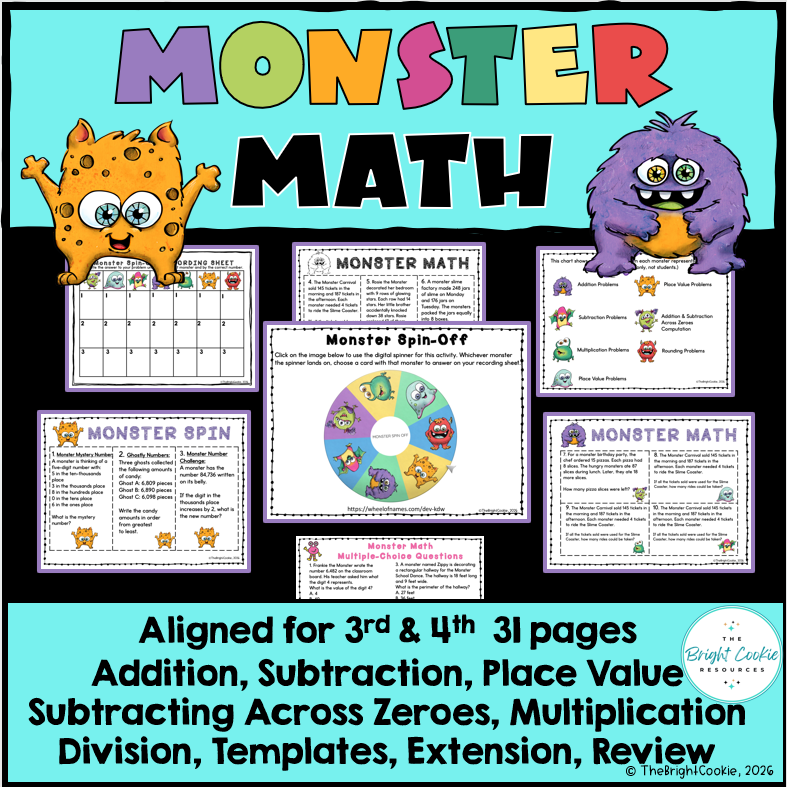 Monster Theme Math Activities 3rd 4th Grade Math Review Task Cards Game Centers