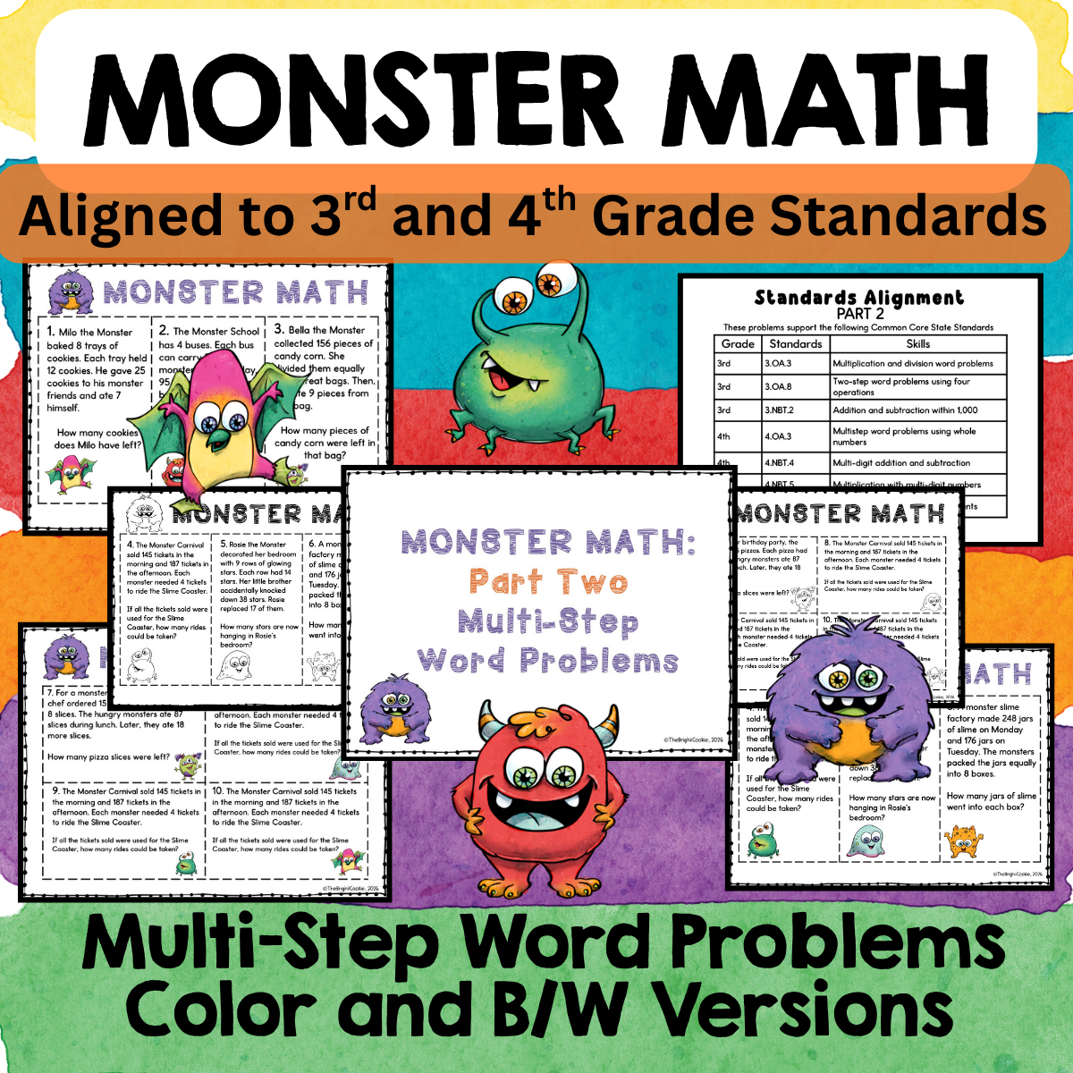 Monster Theme Math Activities 3rd 4th Grade Math Review Task Cards Game Centers - Image 3