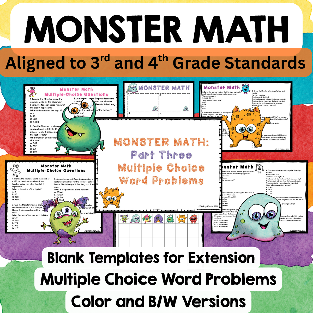 Monster Theme Math Activities 3rd 4th Grade Math Review Task Cards Game Centers - Image 4